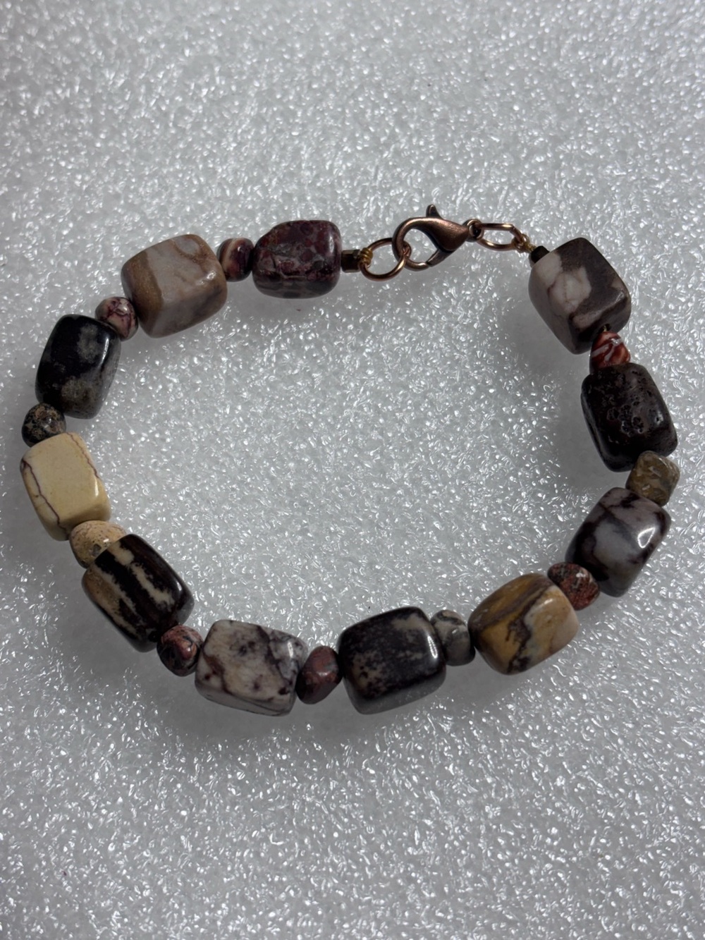 Handmade Natural Stone Beaded Bracelet - Earth Tone 7.5 inches with copper clasp